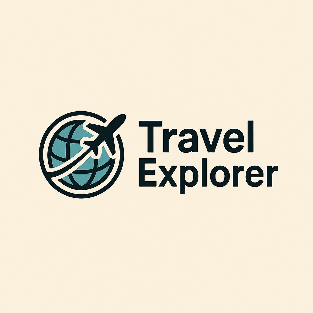 Travel Explorer logo with a world map and airplane, representing worldwide exploration, adventure, and seamless travel planning.